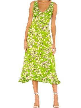 Faithfull the Brand Lime Green Floral V-Neck Midi Dress